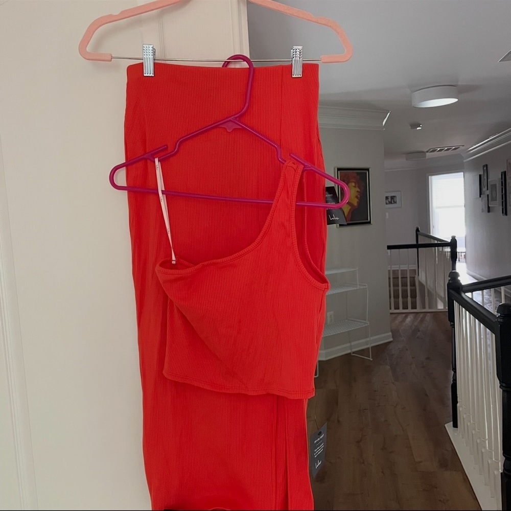 NWT Lulu's orange One Shoulder two piece skirt and cropped top set